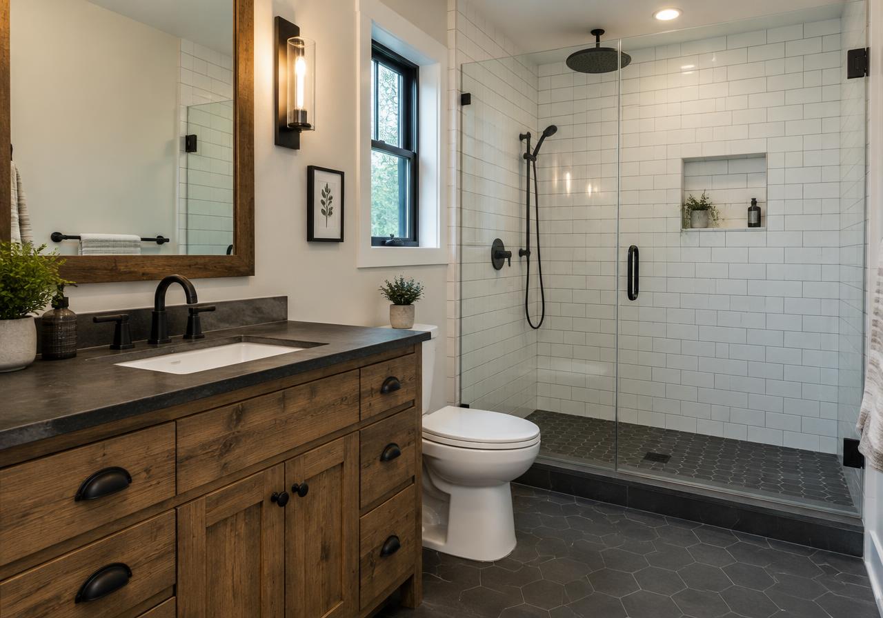 Illustrative renovated bathroom with wood vanity and walk-in tile shower