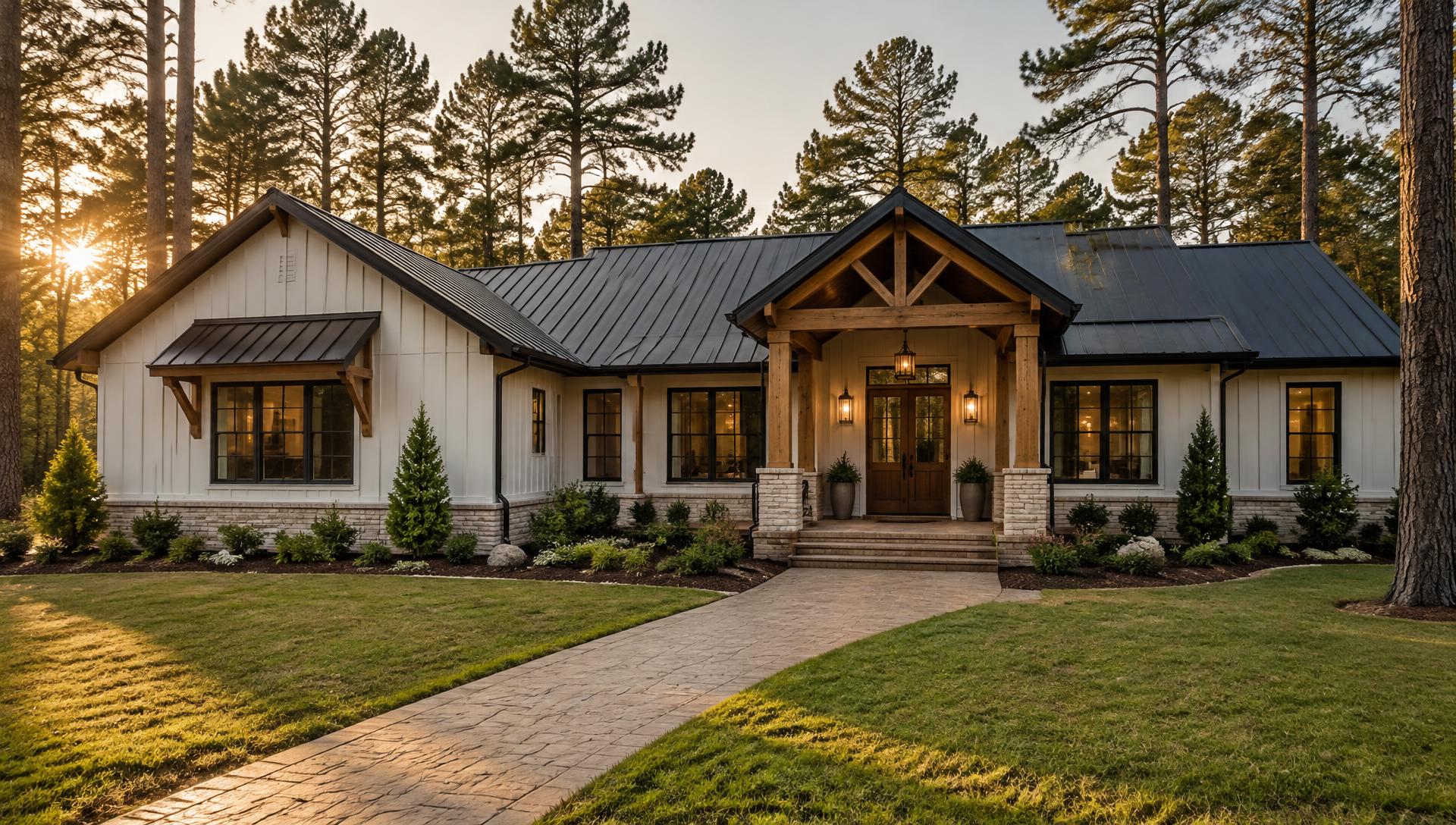 Renovated ranch home with board-and-batten siding and a stamped walkway (illustrative)