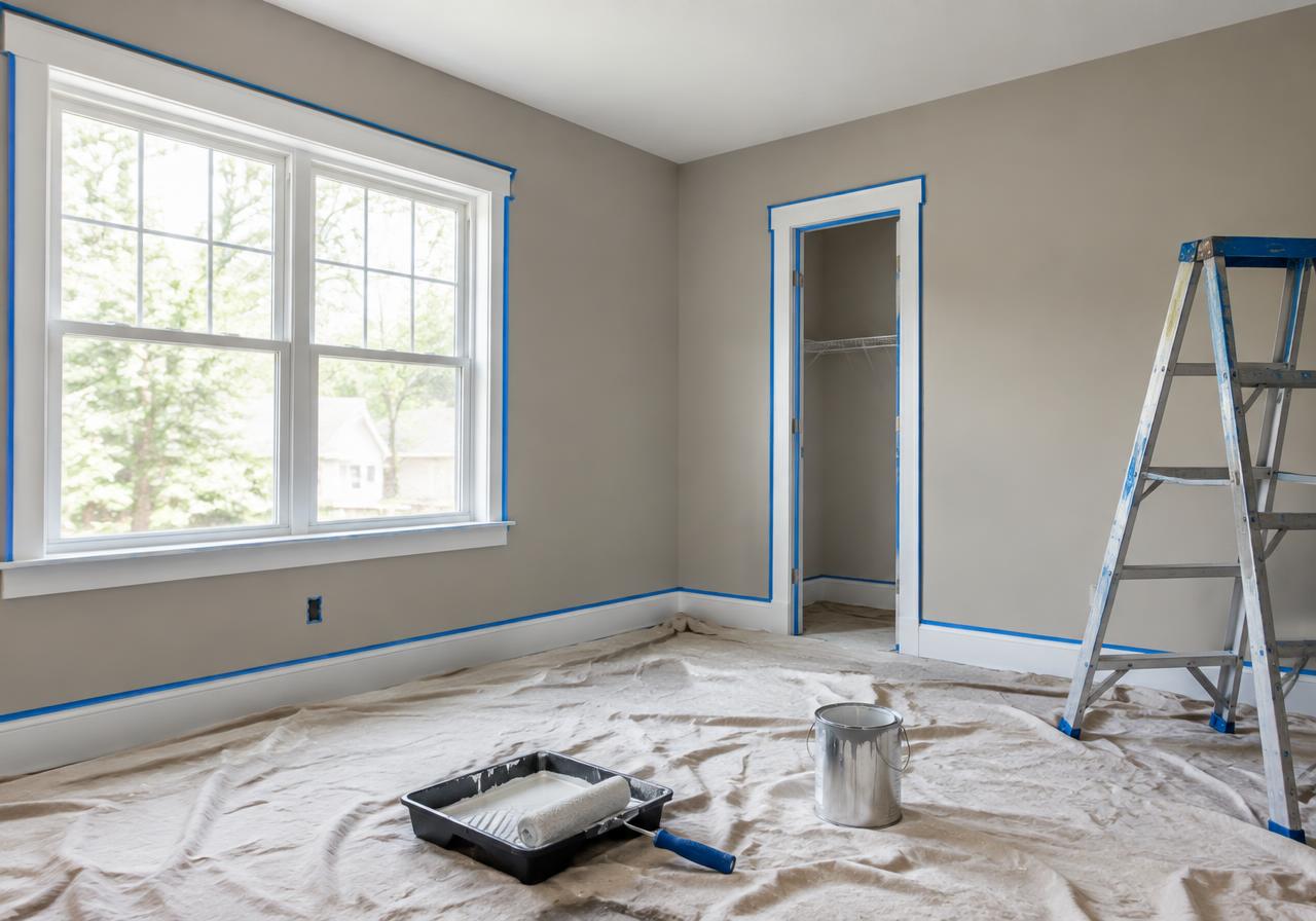 Illustrative room prepared for painting with taped trim, drop cloth and paint roller