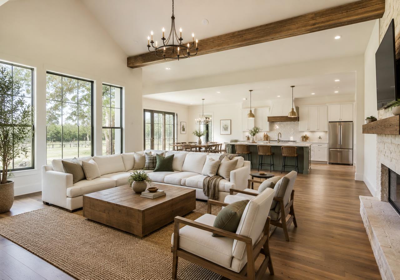 Illustrative remodeled living room with wood floors and an exposed beam