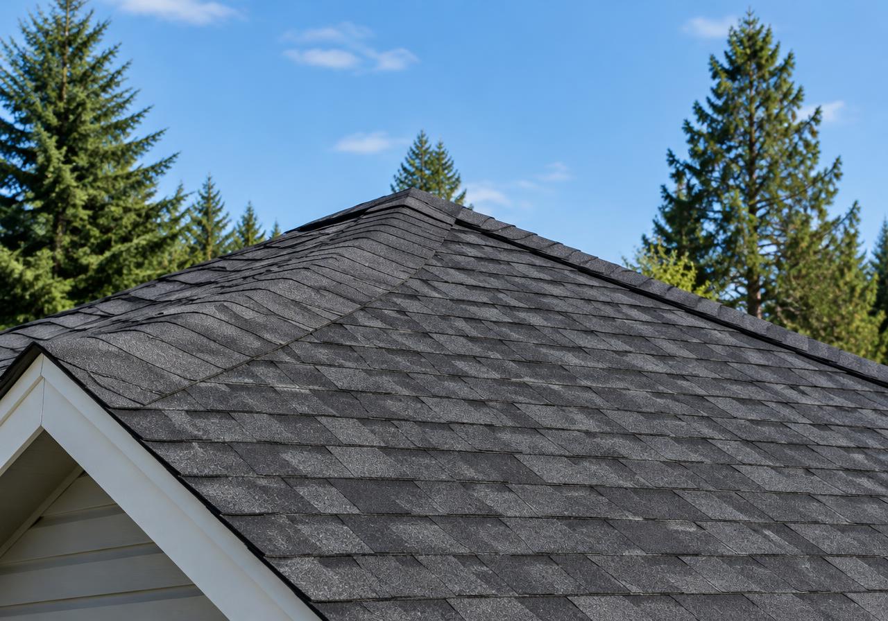 Illustrative residential roof with charcoal architectural shingles